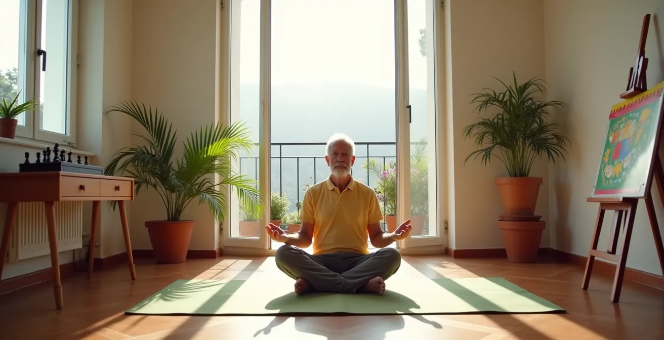 Anziano che pratica diverse attività stimolanti durante la giornata in casa luminosa