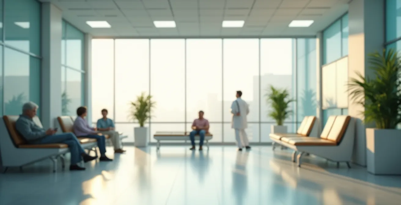 Sala d'attesa ospedale moderna con persona che consulta smartphone seduta su panca