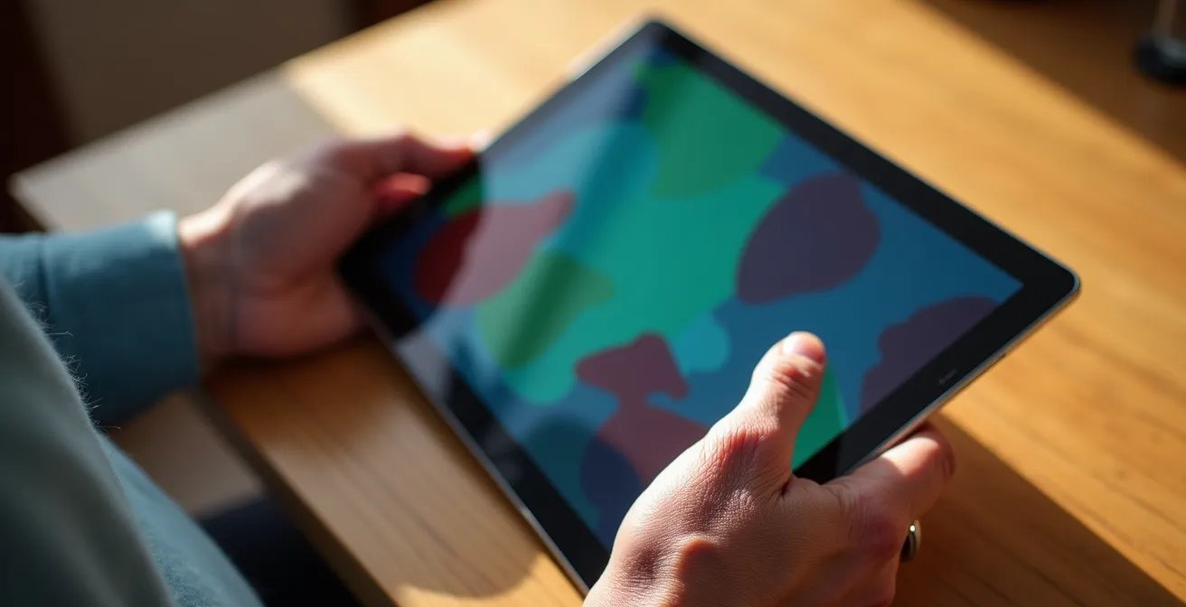 Mani di persona anziana che usa tablet per prenotare biglietto treno con interfaccia sfocata