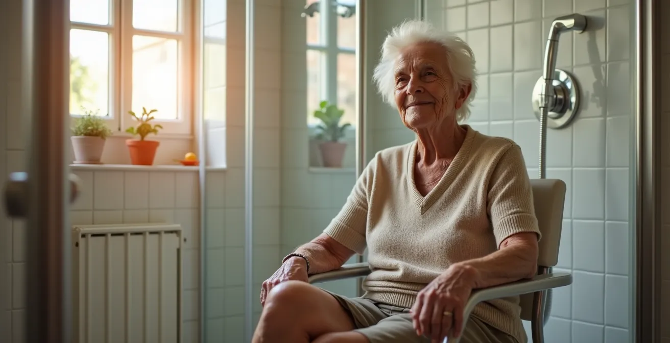 Vista laterale di sedile doccia ribaltabile con misure ergonomiche e zona di lavoro sicura