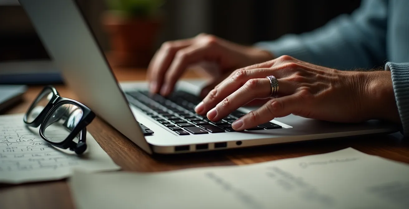 Persona senior concentrata mentre compila domanda online al computer