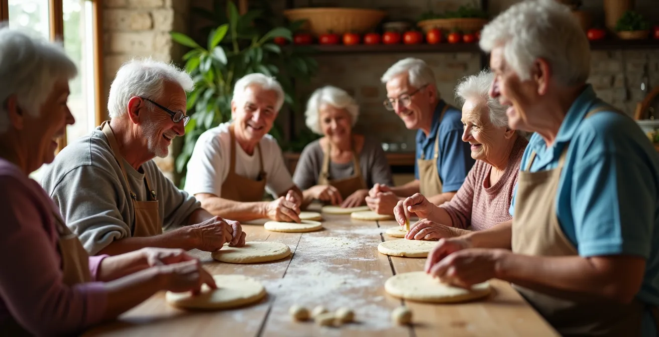 Gruppo di anziani sorridenti preparano pasta fresca in una cucina rustica con ingredienti mediterranei