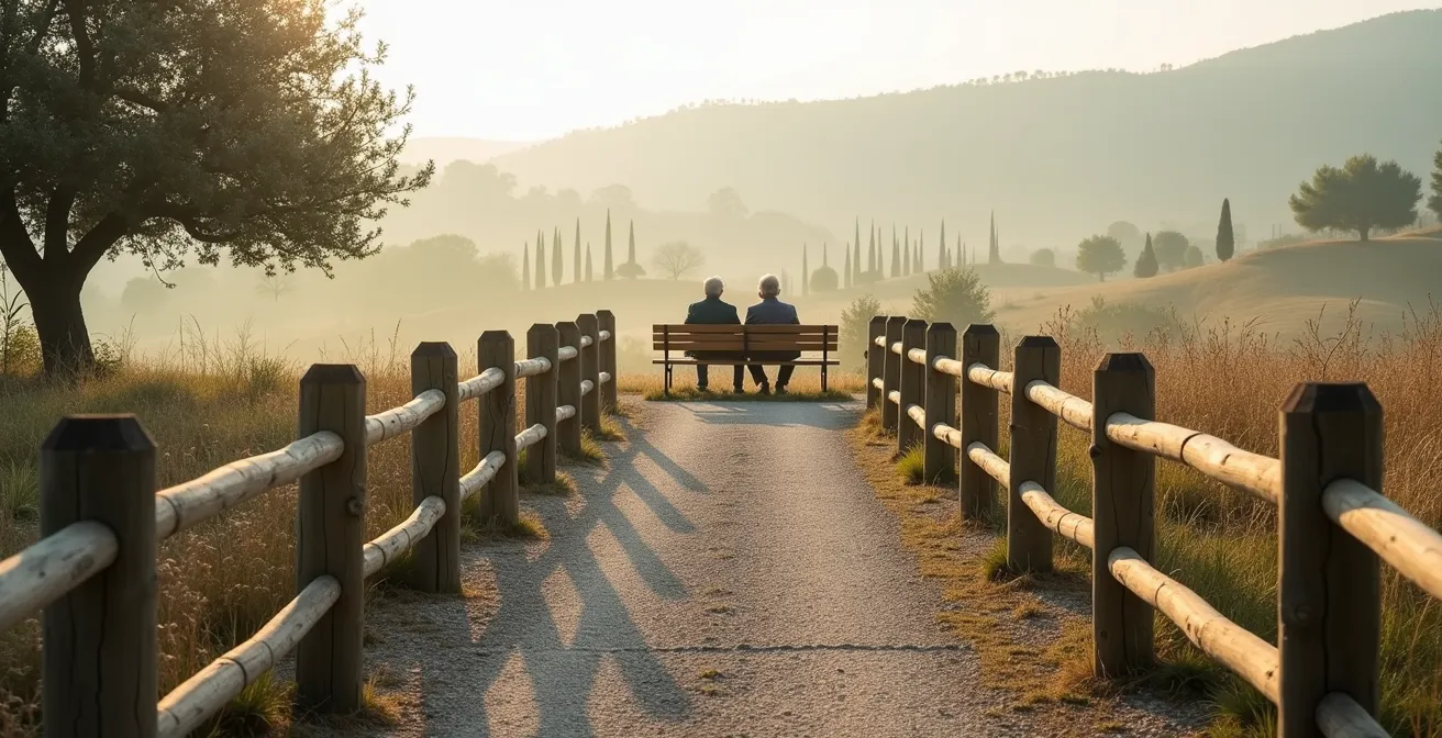 Sentiero pianeggiante in agriturismo con panchine e corrimano in legno