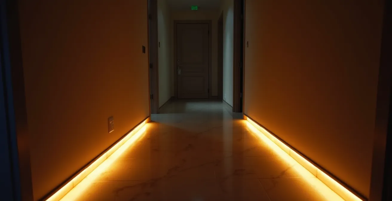 Percorso illuminato con strisce LED lungo il corridoio dal letto al bagno durante la notte