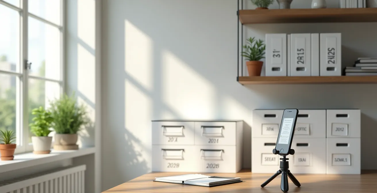 Sistema di archiviazione documenti con scatole ordinate e smartphone per digitalizzazione