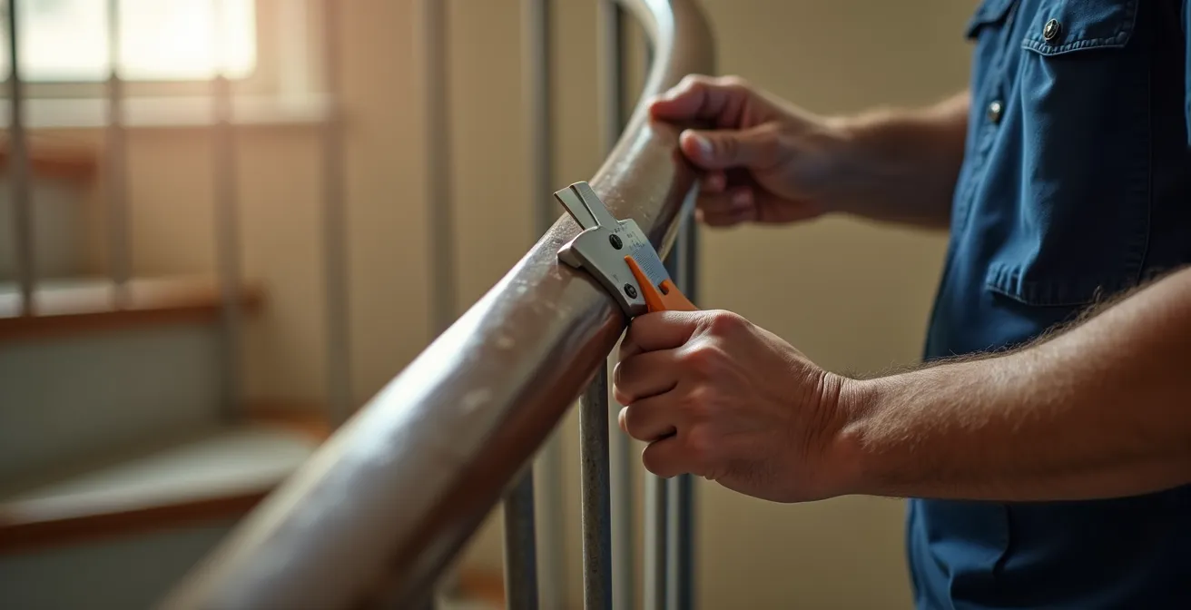 Tecnico che effettua misurazioni precise su scala a chiocciola per progettazione su misura