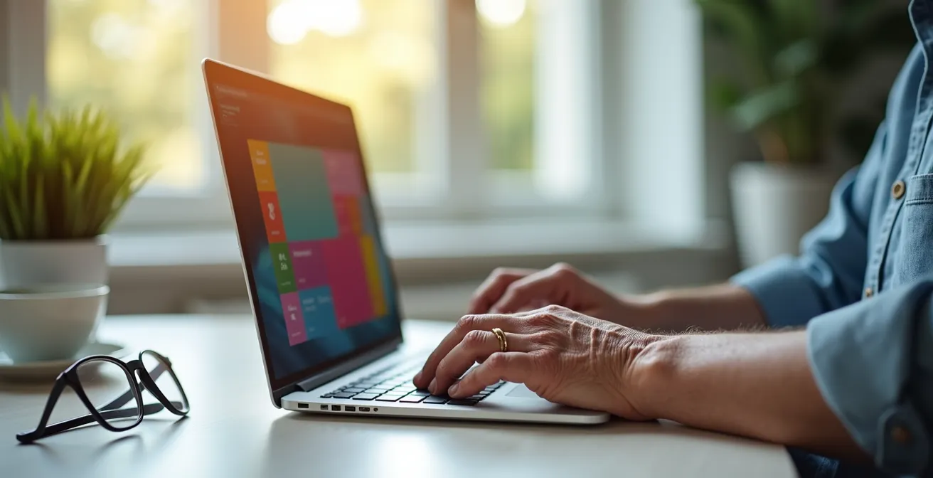 Mani di persona anziana che naviga sul portale FSE da computer portatile in ambiente domestico