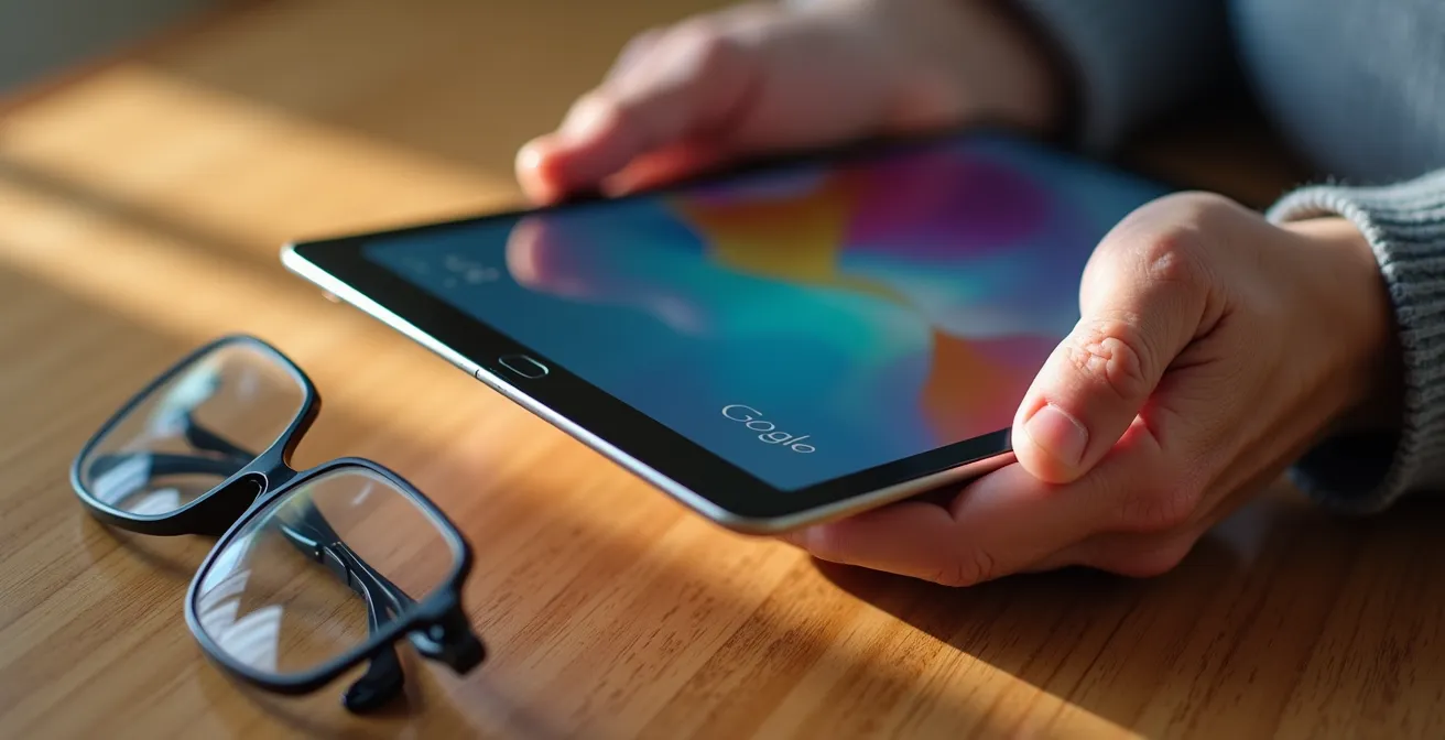 Mani di anziano che utilizzano tablet per accedere al fascicolo sanitario elettronico