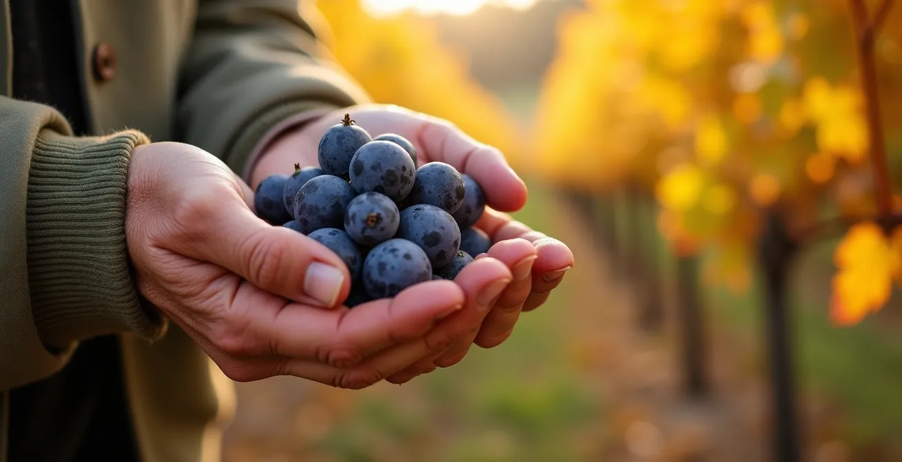 Vendemmia in famiglia tra i filari dorati d'autunno con nonni e nipoti