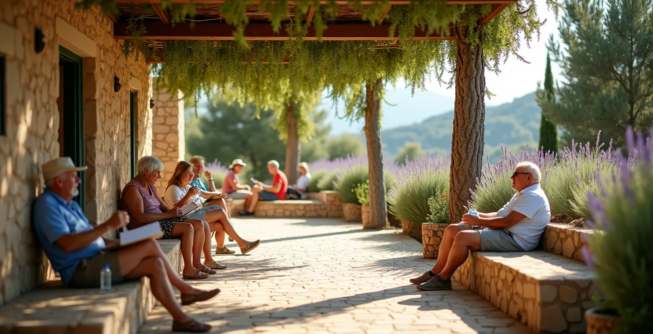 Viaggiatori senior che si rilassano in un tranquillo giardino mediterraneo durante una pausa del tour